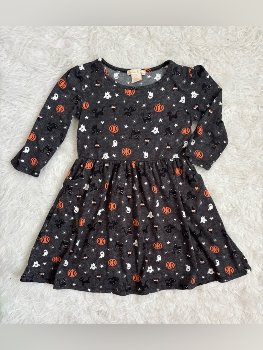 Emma & Elsa Girls' Festive Black Halloween AOP Long Sleeve Dress